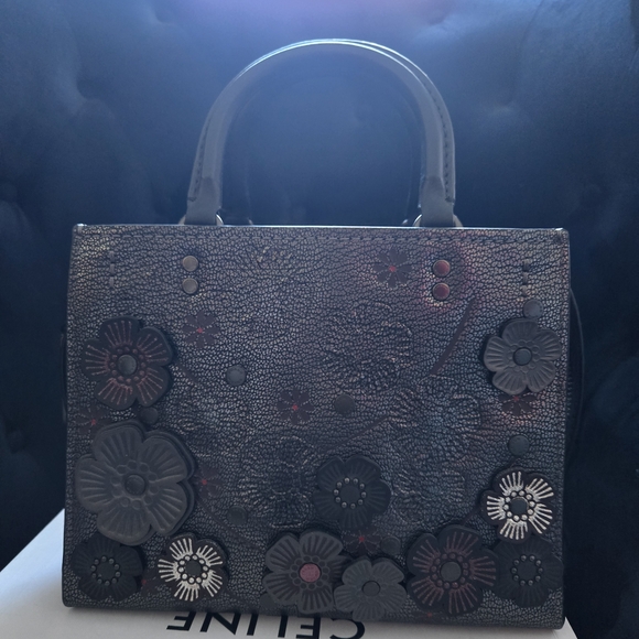 Coach Tea Rose Applique Metallic Gray Gunmetal Rogue 25 Satchel New W/o Tags - Picture 2 of 14